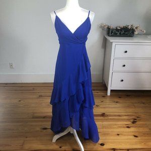 Lulu's XS Royal Blue Chiffon Halter Hi Low Dress Ruffled Surplice Dressy Vegas
